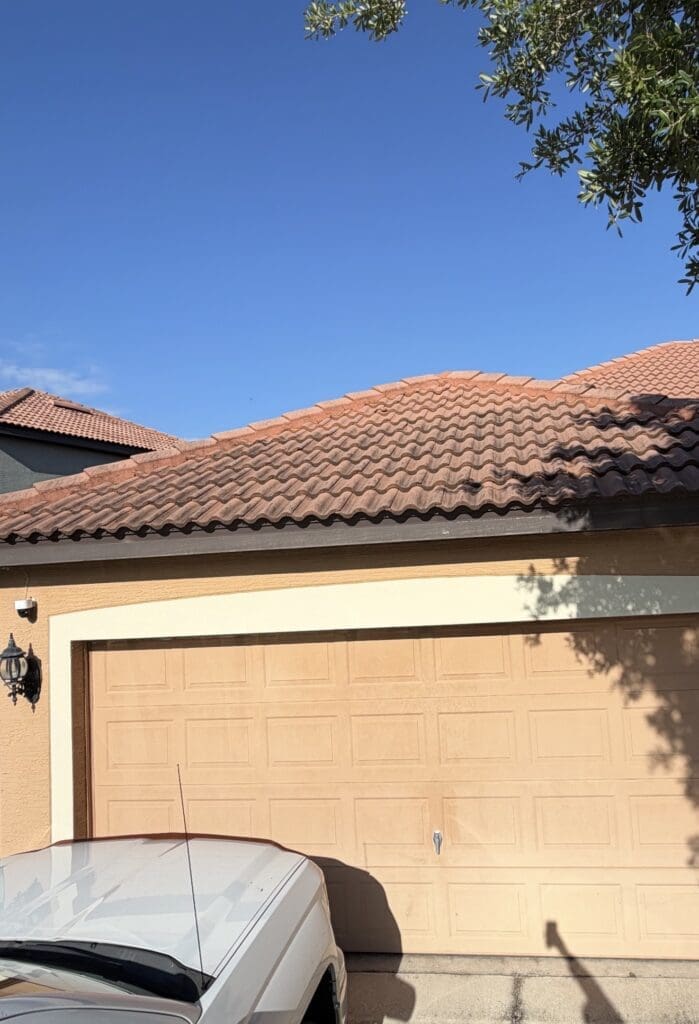 Tile roof and garage after no-pressure roof cleaning in Orlando
